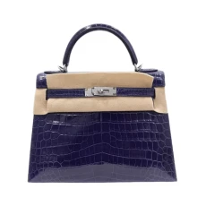 Hermes Kelly 28 Blue Encre Shiny Croco Palladium HW Handbag